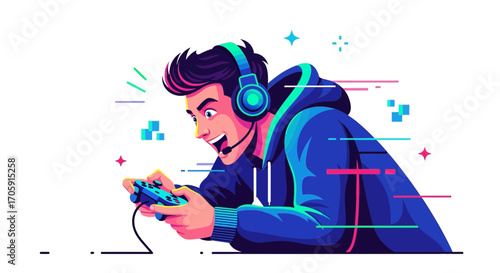 Enthusiastic Gamer Immersed In Game World Using Headset and Controller, Joyful Person