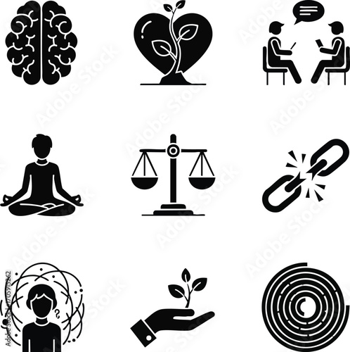 Collection of black glyph icons depicting mental health, psychology, and personal growth