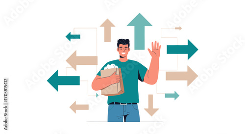 Friendly Person Greetings, Delivery Package, Directional Arrows, Positive Business Approach