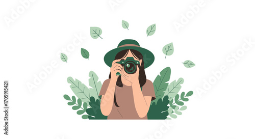 Enthusiastic Photographer Capturing Nature's Beauty Within Lush Greenery Composition