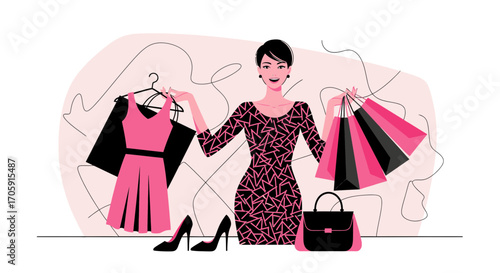 Enthusiastic Woman Showcasing New Fashion Purchases and Delighted with Shopping Spree Results