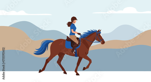 Equestrian's Joyful Ride: Digitally Designed Illustration of Horseback Riding Outdoors