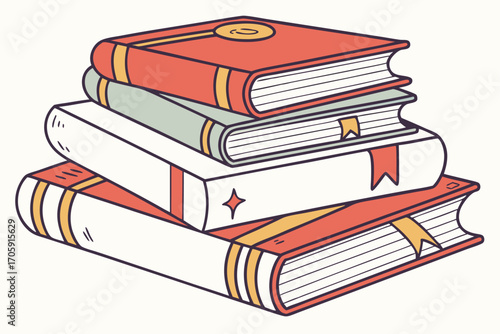 Stacked books show different colors and bookmark details against a white background