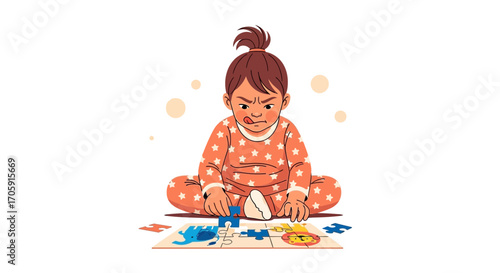 Frustrated Baby Attempts Jigsaw Puzzle, Focused Determination Shows on Her Face.