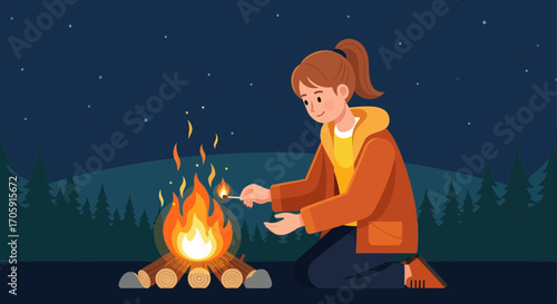 Evening Campfire Scene: A Young Woman Ignites Flames Beneath the Starry Sky