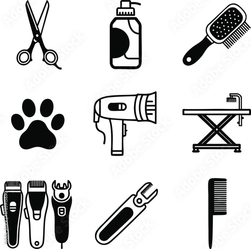Collection of minimalist black and white vector icons representing pet grooming tools, suitable for various pet care business applications