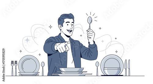 Excited Man Displays Silver Spoon with Dining Set and Directing to the Viewer Clearly