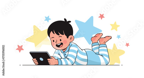 Excited Young Boy Enjoys Media Content While Relaxing With Colorful Stars