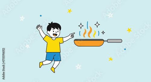 Excited Youngster Demonstrates Cooking Process With Animated Flames And Frying Pan Fun