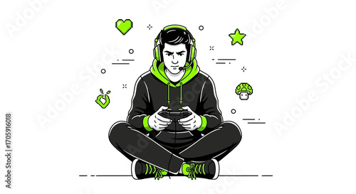 Gaming Enthusiast Concentrated With Headset Holds Controller During Intense Interactive Session