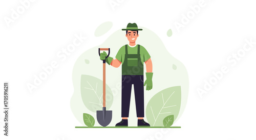 Gardener Holding a Shovel in a Green Uniform Standing on Grass with Leaves