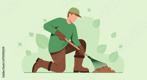 Gardener Kneeling And Raking Soil With The Rake And Preparing Earth For Planting Season