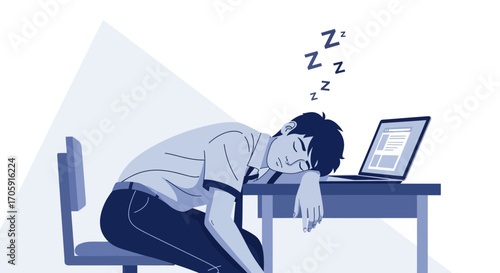 Exhausted Person Sleeping While Their Laptop Stands Open On a Desk Graphic
