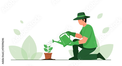 Gardener Nurturing Plant, Planting, Growing, Providing Water to New Plant, Gardening Scene