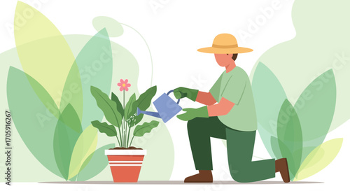 Gardener Nurturing Plant, Illustrative Depiction of Horticultural Activity, Blooming Beauty