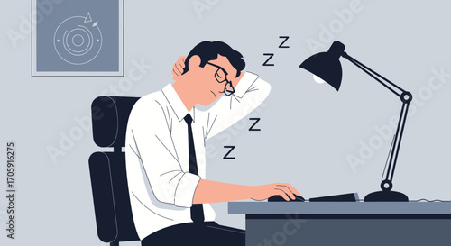 Exhausted Office Worker Sleeps At Desk, Office Job Overwork And Fatigue Concept