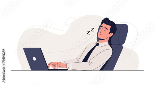 Exhausted Professional Employee Napping at Workplace After Long Workday, Vector Illustration