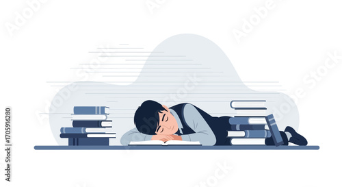 Exhausted Student Asleep Amongst Books, Studying Overload, Educational Burnout Depiction