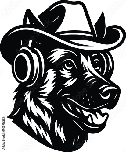 Belgian Malinois guard dog with Cowboy Hat and Headphones