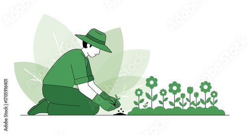 Gardener Planting Small Plant in Green Attire with Blossoming Flowers in a Garden Environment