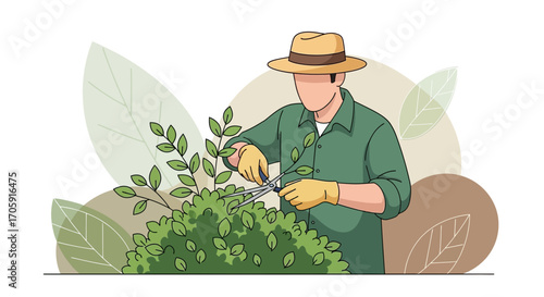 Gardener Trimming Bush With Shears; Illustration Depicting Yard Grooming