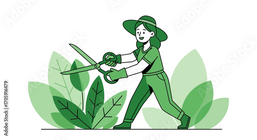 Gardener Pruning Bushes with Scissors in Green, Garden Illustration