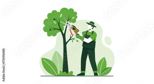 Gardener Trimming Tree Outdoors In The Garden, Fresh Green Leaves Vector Illustration