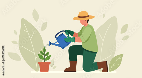 Gardener Watering Plant, Symbolic of Growth, Care, Nurturing, And Cultivation