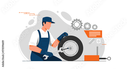 Expert Mechanic Working Tire Repair, Conceptual Illustration Detailing Automotive Service in