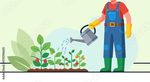 Gardener Watering Plants: Horticulturalist Nurturing Growth in a Lush, Green Garden Scene