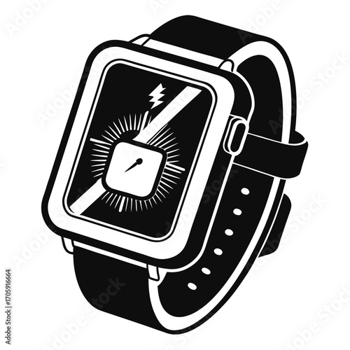 Monochrome smartwatch shows solar energy and time with a studded strap, isolated on white