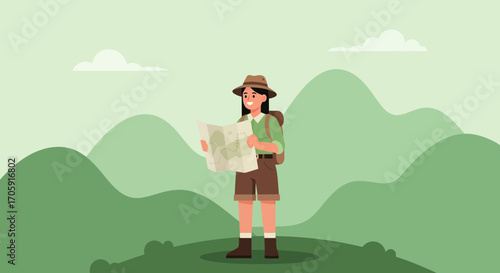 Explorer Gazing At Map Amidst Verdant Hills And Mountains Representing Adventure