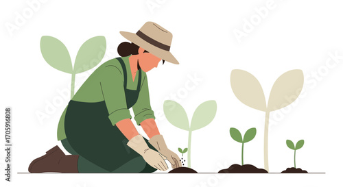 Gardening Woman Planting Seeds in the Soil Nurturing New Growth Illustration