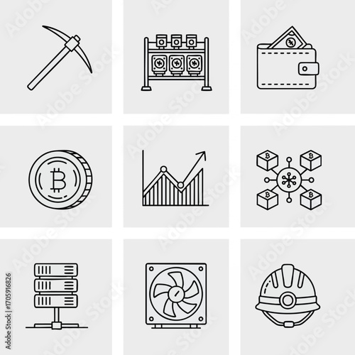 Cryptocurrency and bitcoin icon set. Includes pickaxe, mining rig, wallet, bitcoin, graph, blockchain, server, fan, and mining helmet icons