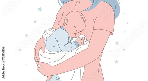 Gentle Embrace: Tender Illustration Depicting a Mother Holding Her Sleeping Infant