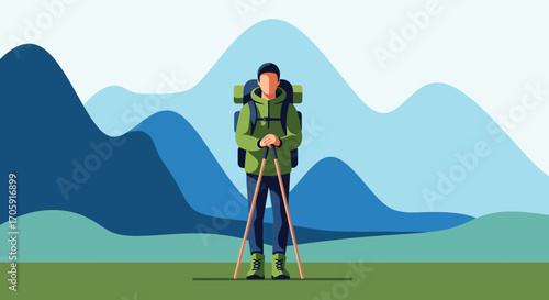 Explorer Standing With Hiking Gear Enjoying View, Ready For A Mountain Adventure Journey