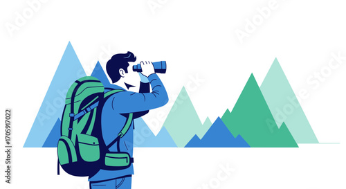 Explorer With Backpack Looks Through Binoculars Observing Colorful Abstract Mountain Panorama