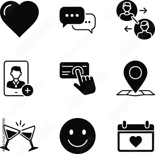 Digital dating glyph icons concept. Vector illustrations of online love, communication, connection, romantic calendar and location