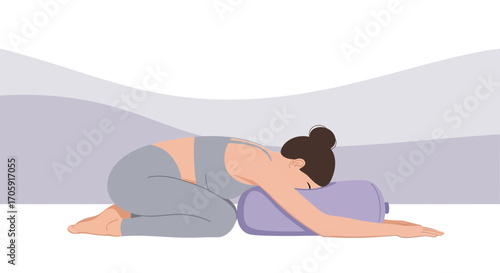 Gentle Relaxation: Woman in Child's Pose Utilizing Pillow for Enhanced Comfort and Calm