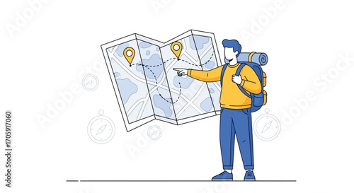 Exploring Destination: A Traveler Consults Destination Map For The Journey Planning