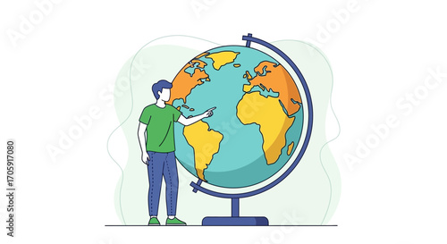 Exploring The World: A Person Standing Beside A Detailed Globe Illustration