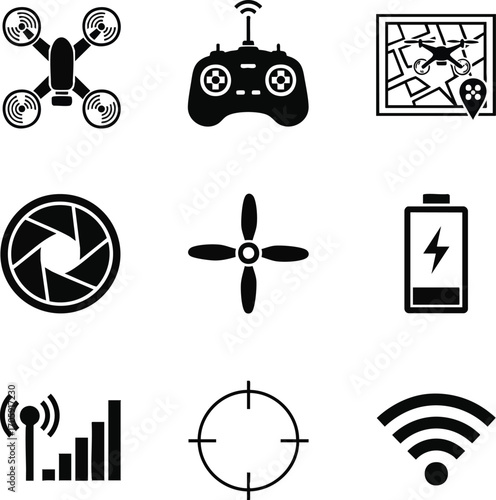 Drone vector icon set. Illustration of modern unmanned aerial vehicle symbols, including drone, controller, location, battery, and related elements