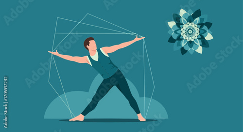 Geometric Yoga Pose: Modern Wellness Illustration and Abstract Mandala Artwork