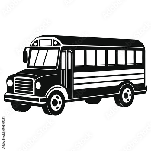 Classic black school bus with side door illustrated on a transparent background