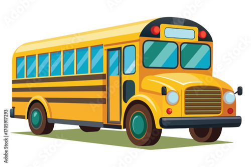 Bright yellow bus stands on a green surface showcasing a classic transportation image