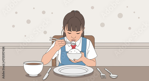 Girl Eating Rice with Chopsticks in a Clean, Simple Dining Setting