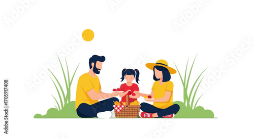 Family Enjoying Outdoor Picnic, Summer Day, Sunlight, Togetherness, Graphic Illustration