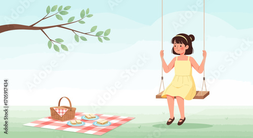 Girl Enjoying Relaxing Day On A Wood Swing And Having Picnic In The Park