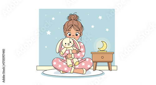 Girl Embracing A Stuffed Bunny, Peaceful Scene Depicting Bedtime Routine And Dreamy Calm