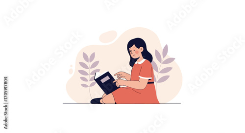 Girl Reading Book Leisure Time Illustration Design Studying Concept Flat Vector